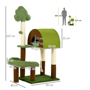 Easycomfort Albero per Gatti a tema Foresta con Casetta, Lettino, Tiragraffi e Pallina, 49x40x107 cm, Verde