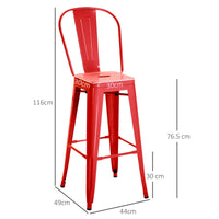 Set 2 Sgabelli da Bar Stile Industriale Schienale Rimovibile 44x49x116 cm in Metallo Rosso