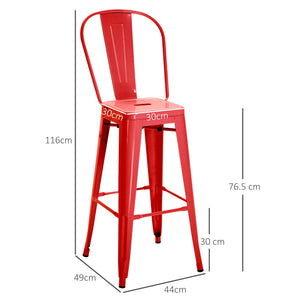 Set 2 Sgabelli da Bar Stile Industriale Schienale Rimovibile 44x49x116 cm in Metallo Rosso