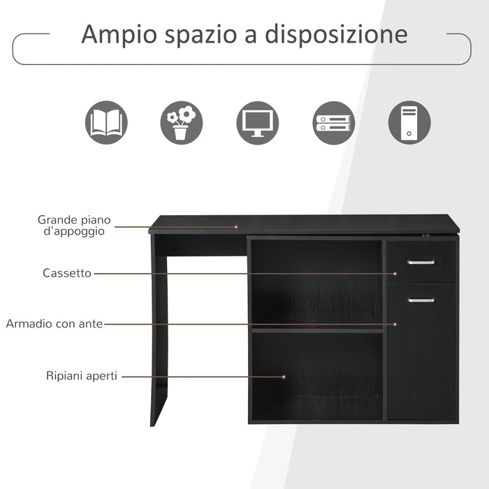 Scrivania Angolare da Ufficio 2 Cassetti e 2 Ripiani 117x82x74 cm in Legno Nero