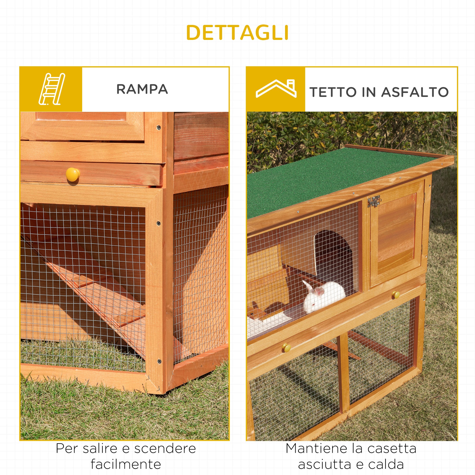 Easycomfort Gabbia per Conigli a Due Piani, Conigliera da Esterno con Casetta per Conigli in Legno di Abete, 90x45x80 cm