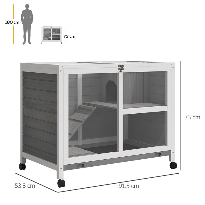 Easycomfort Conigliera in Legno a 2 Piani con Casetta, Rampa e Vassoio Estraibile, 91.5x53.3x73cm