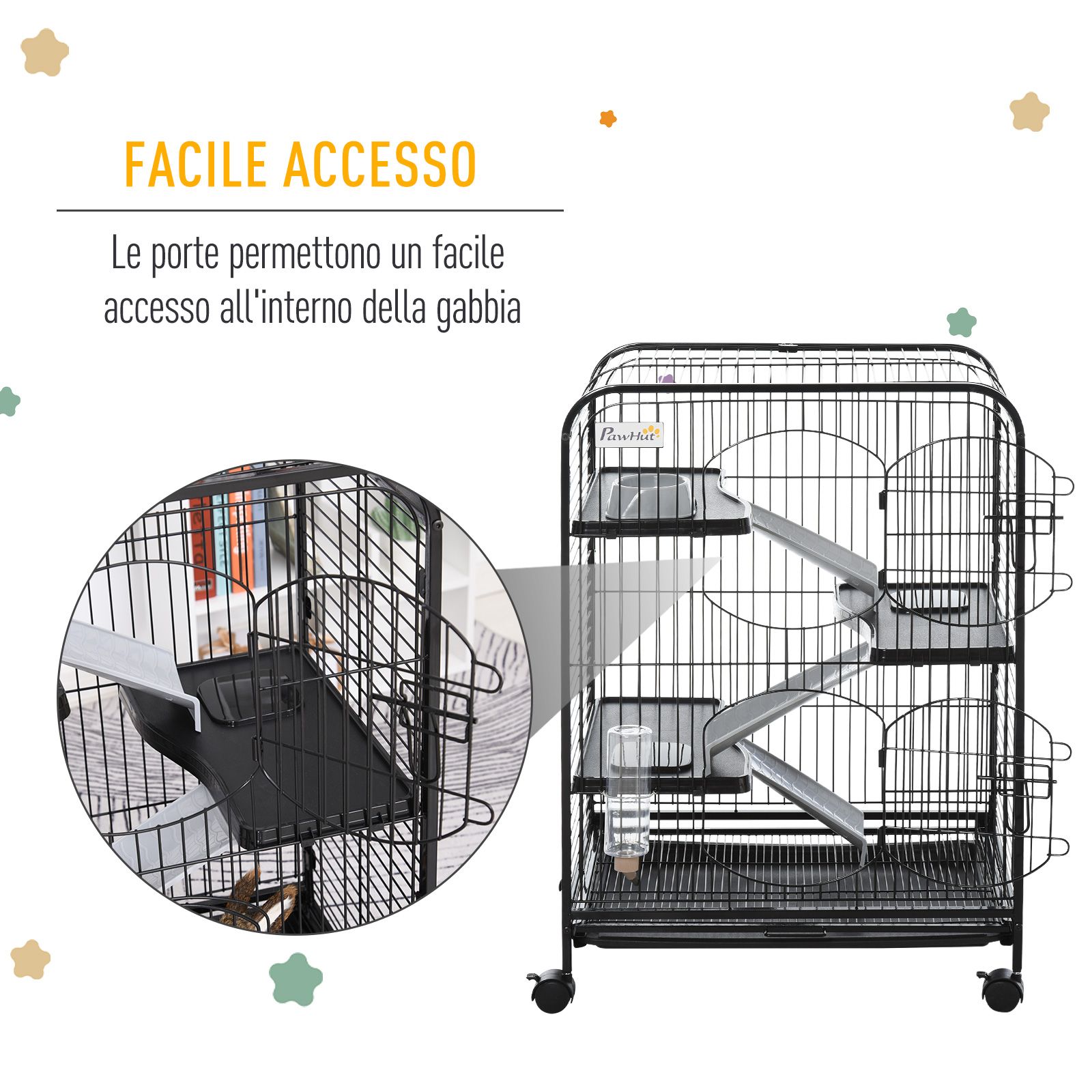 Easycomfort Gabbia per Piccoli Animali e Piccoli Roditori con Ruote, 3 Rampe e 3 Piattaforme, Ciotola e Bottiglia, 61x44.5x95cm, Nero