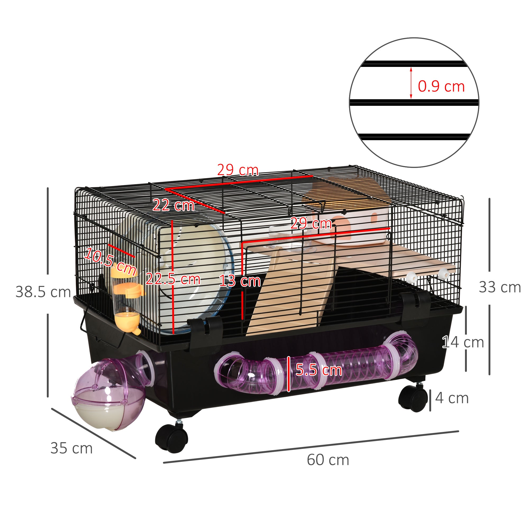 EasyComfort Gabbia per Criceti con Casetta, Tunnel e Ruota, Base con 4 Rotelle, 60x35x38.5cm, Nero e Marrone