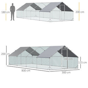 EasyComfort Pollaio da Giardino con Telaio Zincato, Copertura Impermeabile e Rete Esagonale, 3x8x2m, Argento