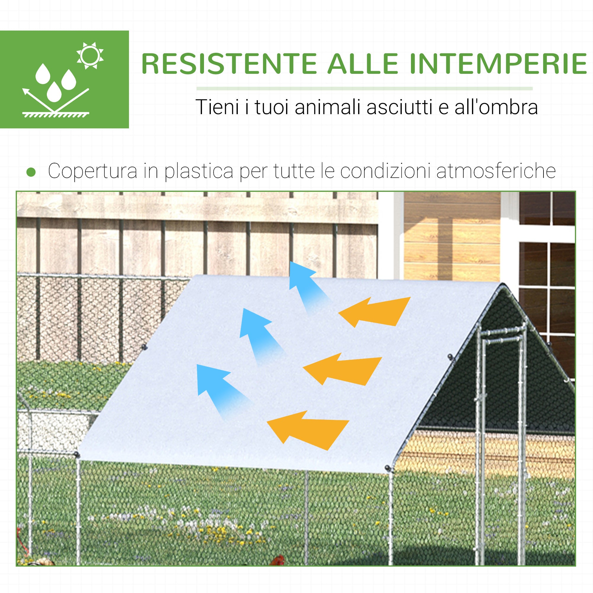 EasyComfort Pollaio da Giardino con Telaio Zincato, Copertura Impermeabile e Rete Esagonale, 3x8x2m, Argento