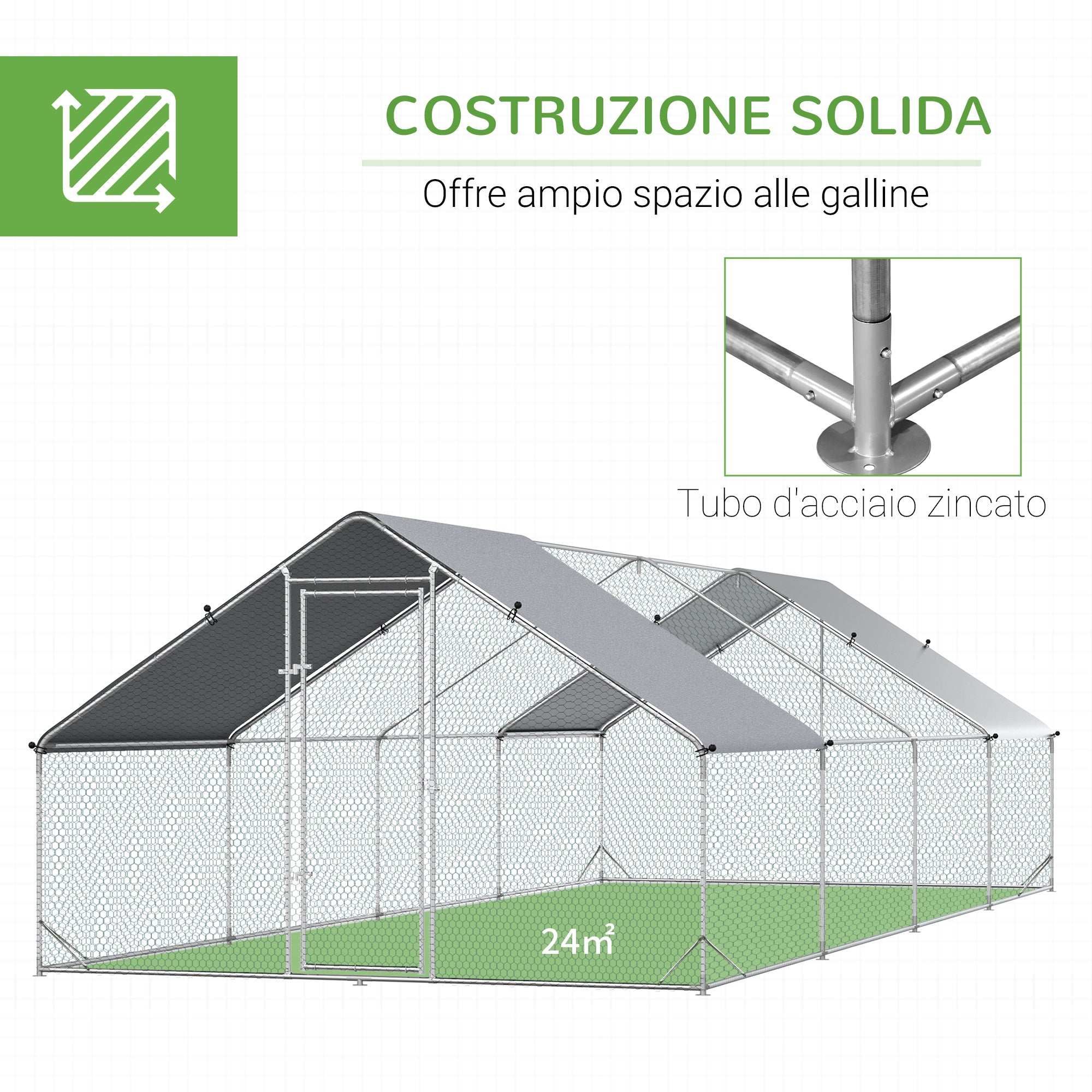 EasyComfort Pollaio da Giardino con Telaio Zincato, Copertura Impermeabile e Rete Esagonale, 3x8x2m, Argento