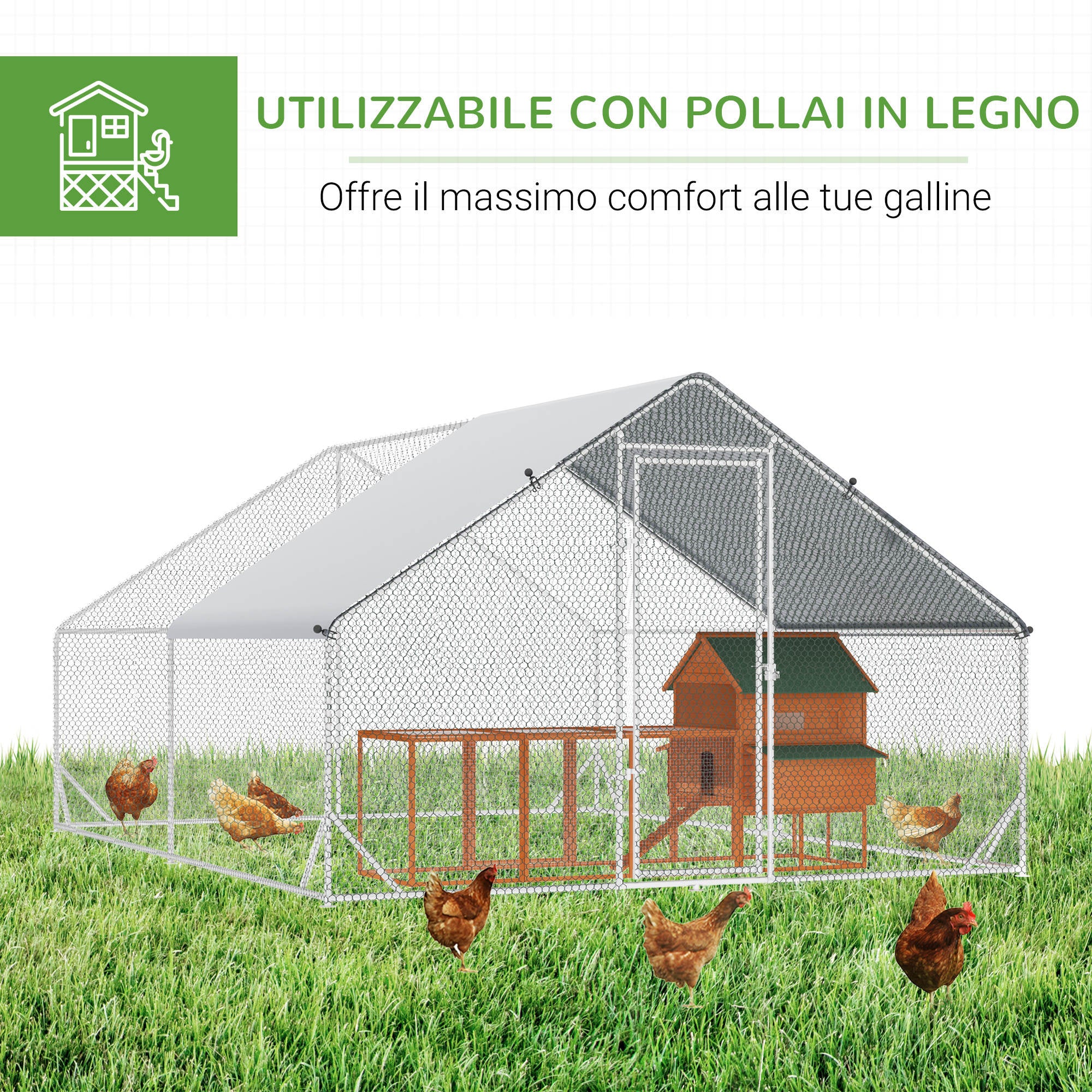 EasyComfort Pollaio da Giardino con Telaio Zincato, Copertura Impermeabile e Rete Esagonale, 3x8x2m, Argento