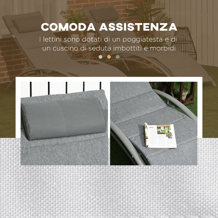 Set 2 Lettini Prendisole da Giardino 62x165x82 cm con Tavolino in Alluminio e Acciaio Grigio