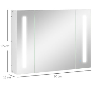 Armadietto Specchiera da Bagno con 3 Armadietti 90x15x65 cm 3 Ripiani e Luce LED Bianco