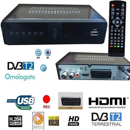 DECODER RICEVITORE DIGITALE H265 TERRESTRE DVB-T2 TV SCART HDMI 1080P HD 999