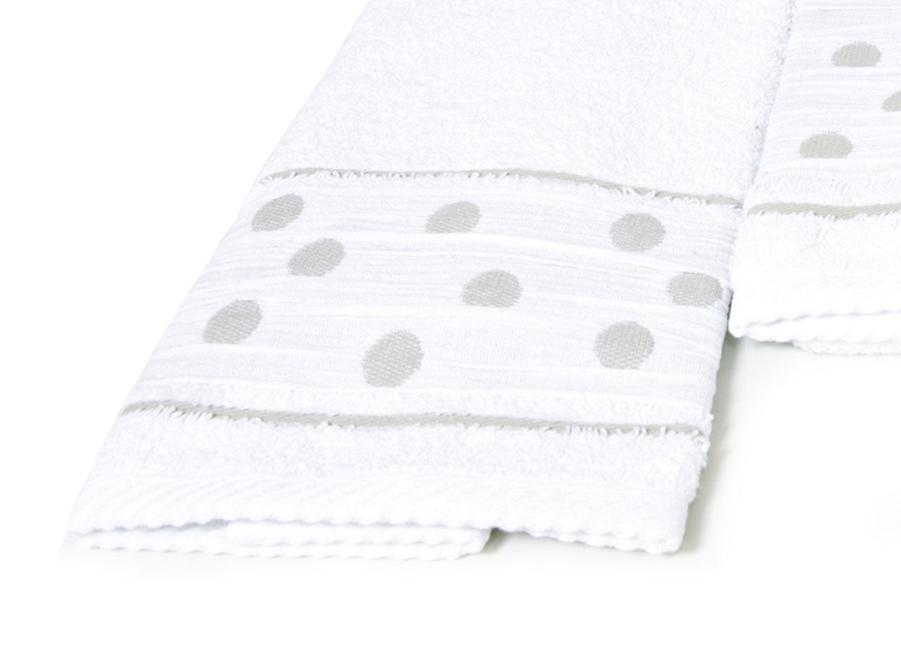 Set Asciugamano Copiola Salvietta Bagno In Spugna 100% Cotone Mod Pois Bianco