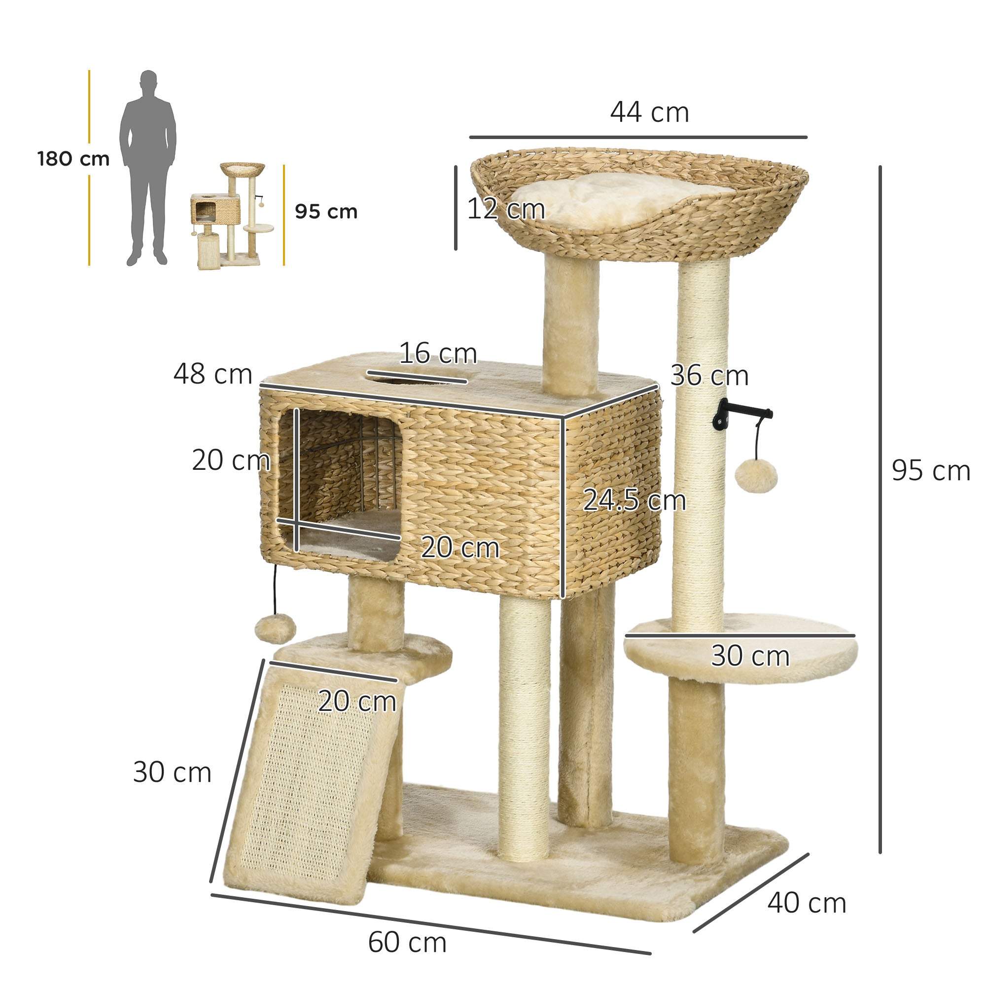 Albero Tiragraffi per Gatti con Casetta e Trespolo 60x40x95 cm Marrone e Beige