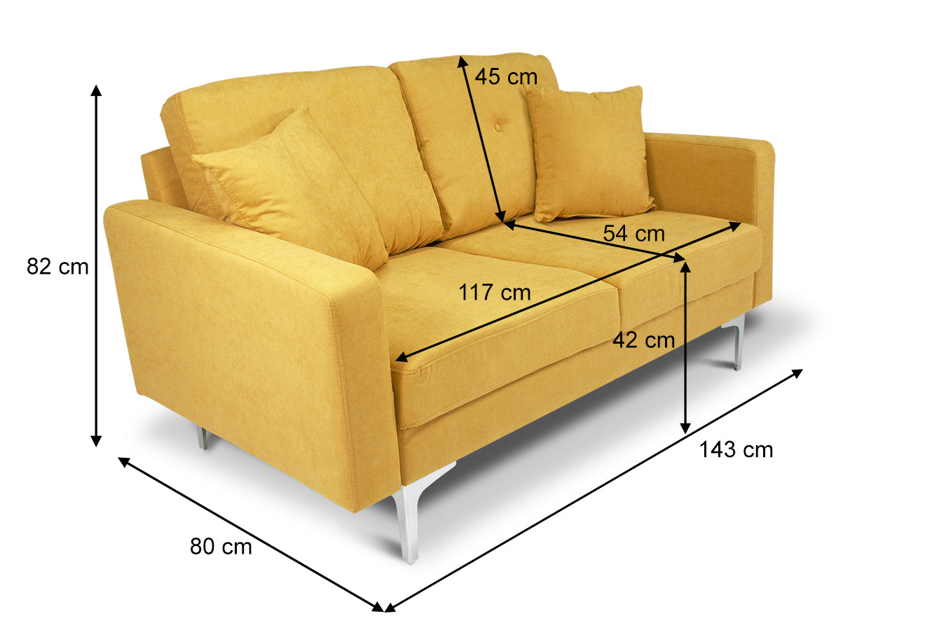 Divano 2 posti in tessuto vellutato giallo piedi in metallo mod. Chloe DI2P-CH16FBC-PM