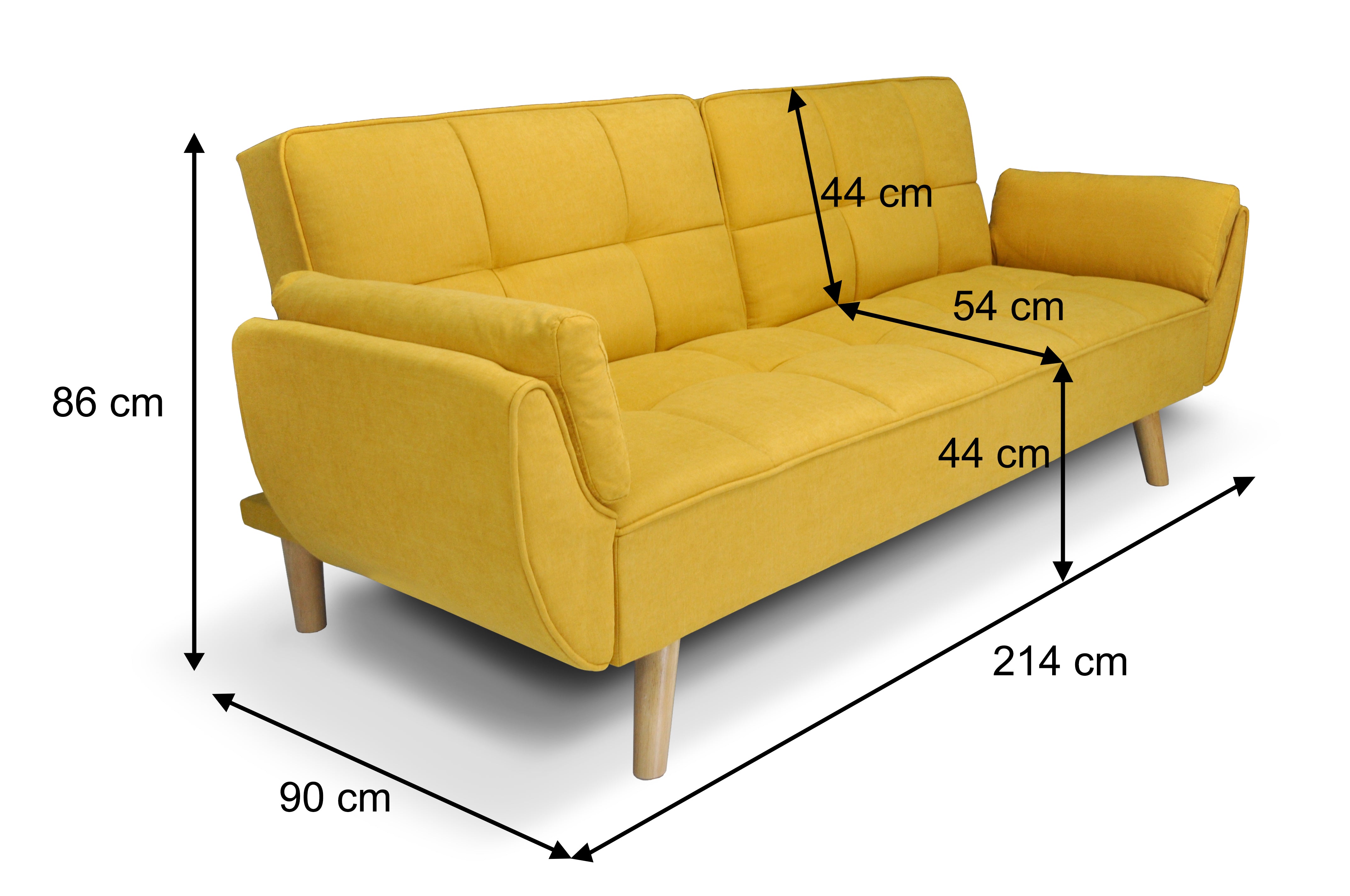 Divano letto clic clac in tessuto vellutato giallo - divano 3 posti mod. Ambra piedi legno naturale DL-AM16FBC