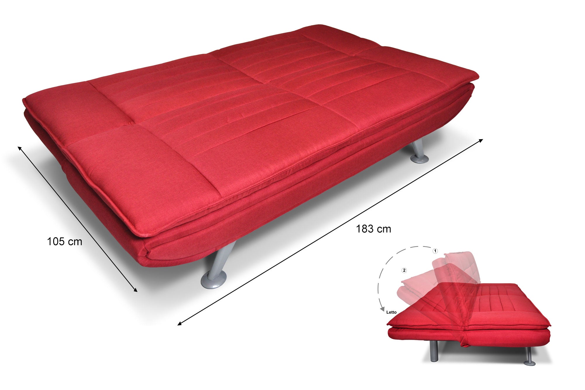 Divano letto clic clac in tessuto rosso, divano 3 posti mod. Iris DL-IR02FBC