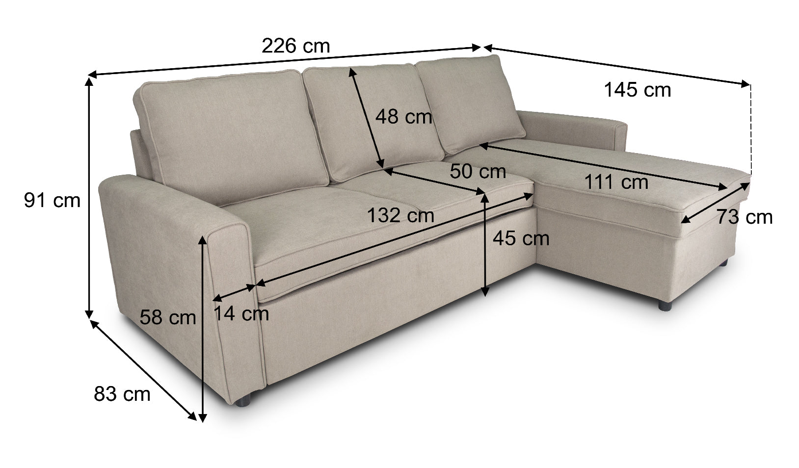 Divano letto angolare con contenitore, divano con chaise longue tortora mod. Kennedy DL-KE03CL