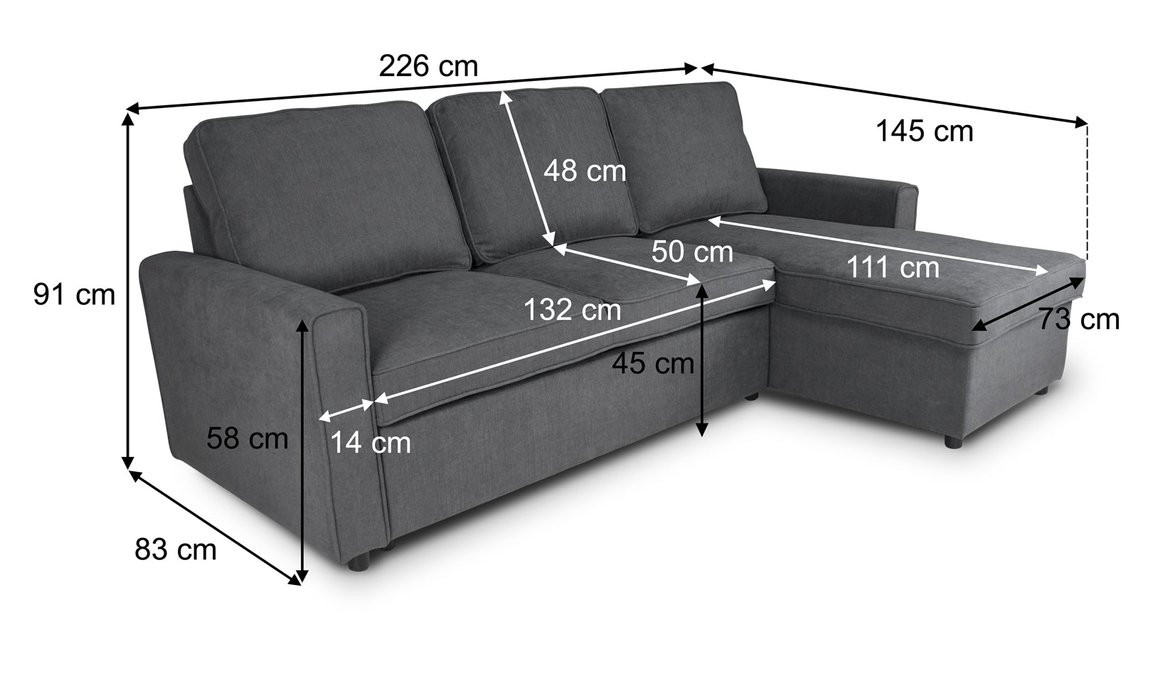 Divano letto angolare con contenitore, divano con chaise longue grigio scuro mod. Kennedy DL-KE05CL