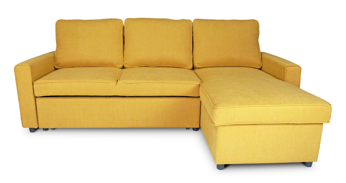 Divano letto angolare con contenitore, divano con chaise longue giallo mod. Kennedy DL-KE16CL