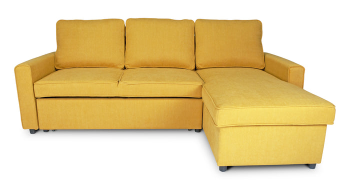 Divano letto angolare con contenitore, divano con chaise longue giallo mod. Kennedy DL-KE16CL