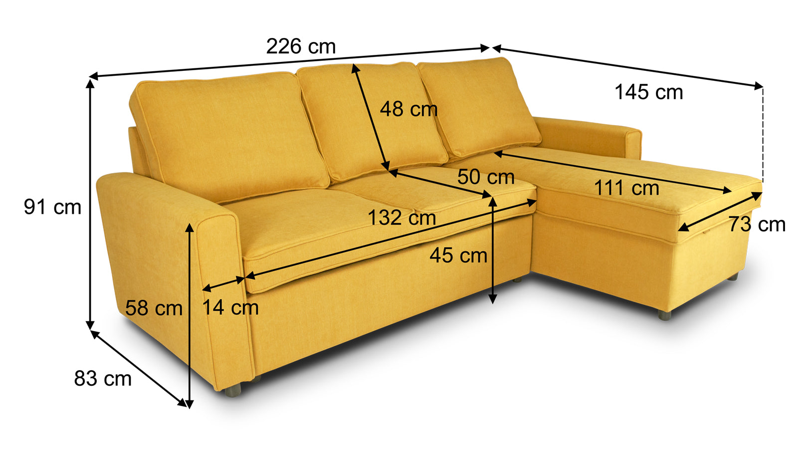 Divano letto angolare con contenitore, divano con chaise longue giallo mod. Kennedy DL-KE16CL