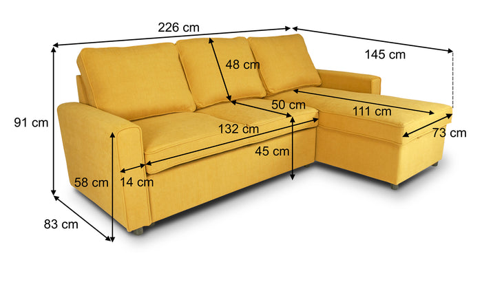 Divano letto angolare con contenitore, divano con chaise longue giallo mod. Kennedy DL-KE16CL