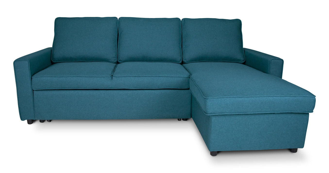 Divano letto angolare con contenitore, divano con chaise longue blu petrolio mod. Kennedy DL-KE27CL