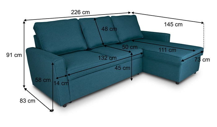 Divano letto angolare con contenitore, divano con chaise longue blu petrolio mod. Kennedy DL-KE27CL