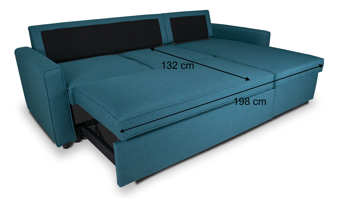 Divano letto angolare con contenitore, divano con chaise longue blu petrolio mod. Kennedy DL-KE27CL