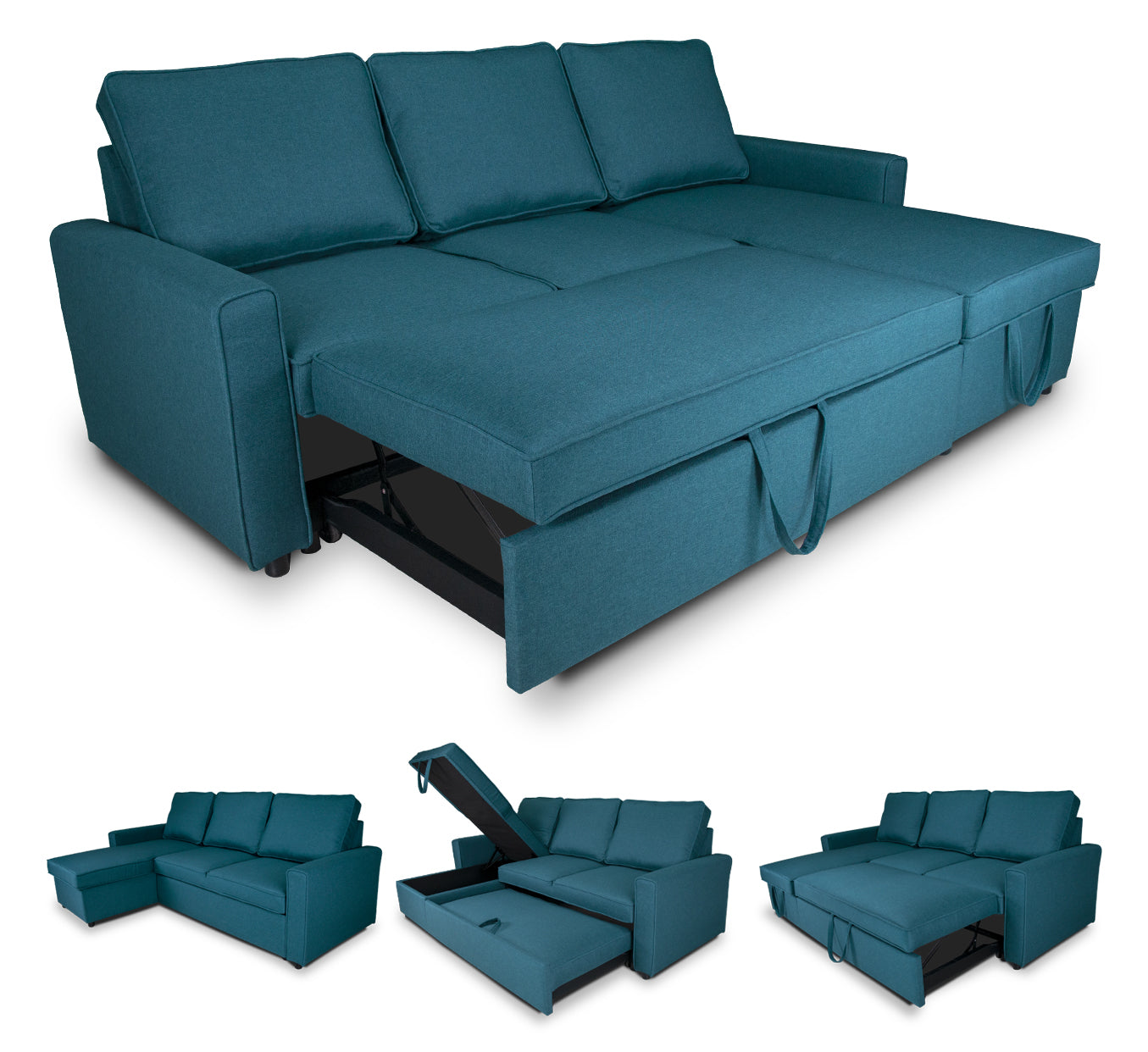 Divano letto angolare con contenitore, divano con chaise longue blu petrolio mod. Kennedy DL-KE27CL