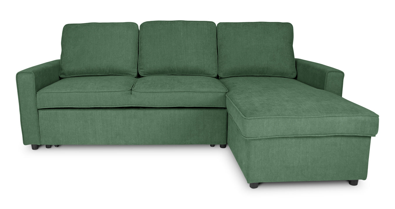 Divano letto angolare con contenitore, divano con chaise longue verde abete mod. Kennedy DL-KE10CL