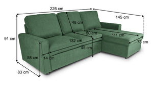 Divano letto angolare con contenitore, divano con chaise longue verde abete mod. Kennedy DL-KE10CL