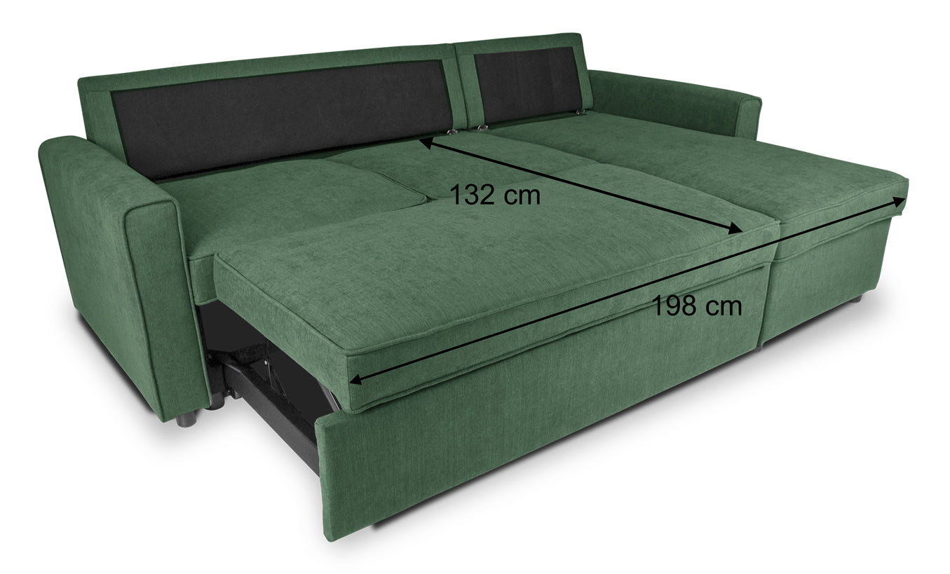 Divano letto angolare con contenitore, divano con chaise longue verde abete mod. Kennedy DL-KE10CL