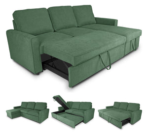 Divano letto angolare con contenitore, divano con chaise longue verde abete mod. Kennedy DL-KE10CL