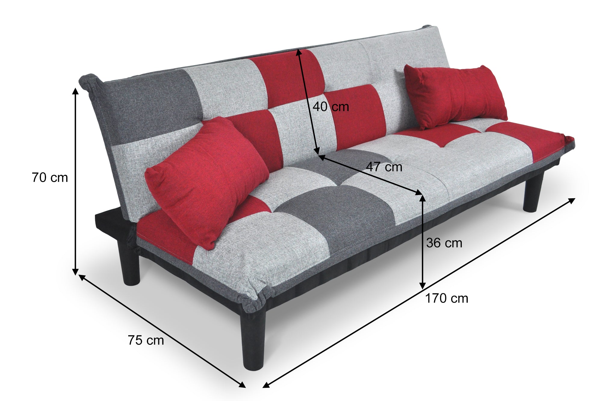 Divano letto clic clac mod. Russell in tessuto grigio scuro - rosso - grigio chiaro DL-RU050201FB