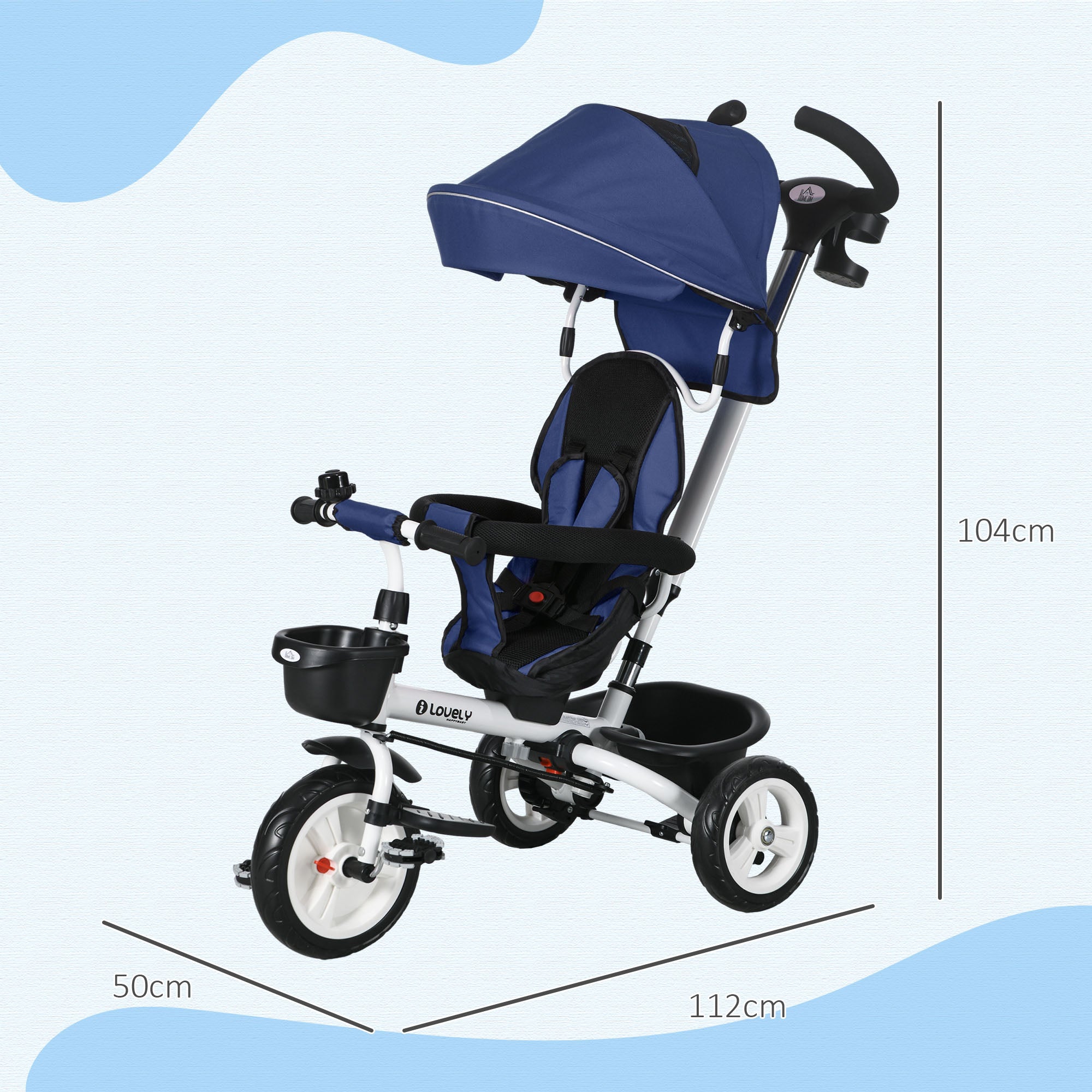 Passeggino Triciclo con Sedile Girevole 360° Parasole Regolabile e Cintura di Sicurezza Blu Scuro