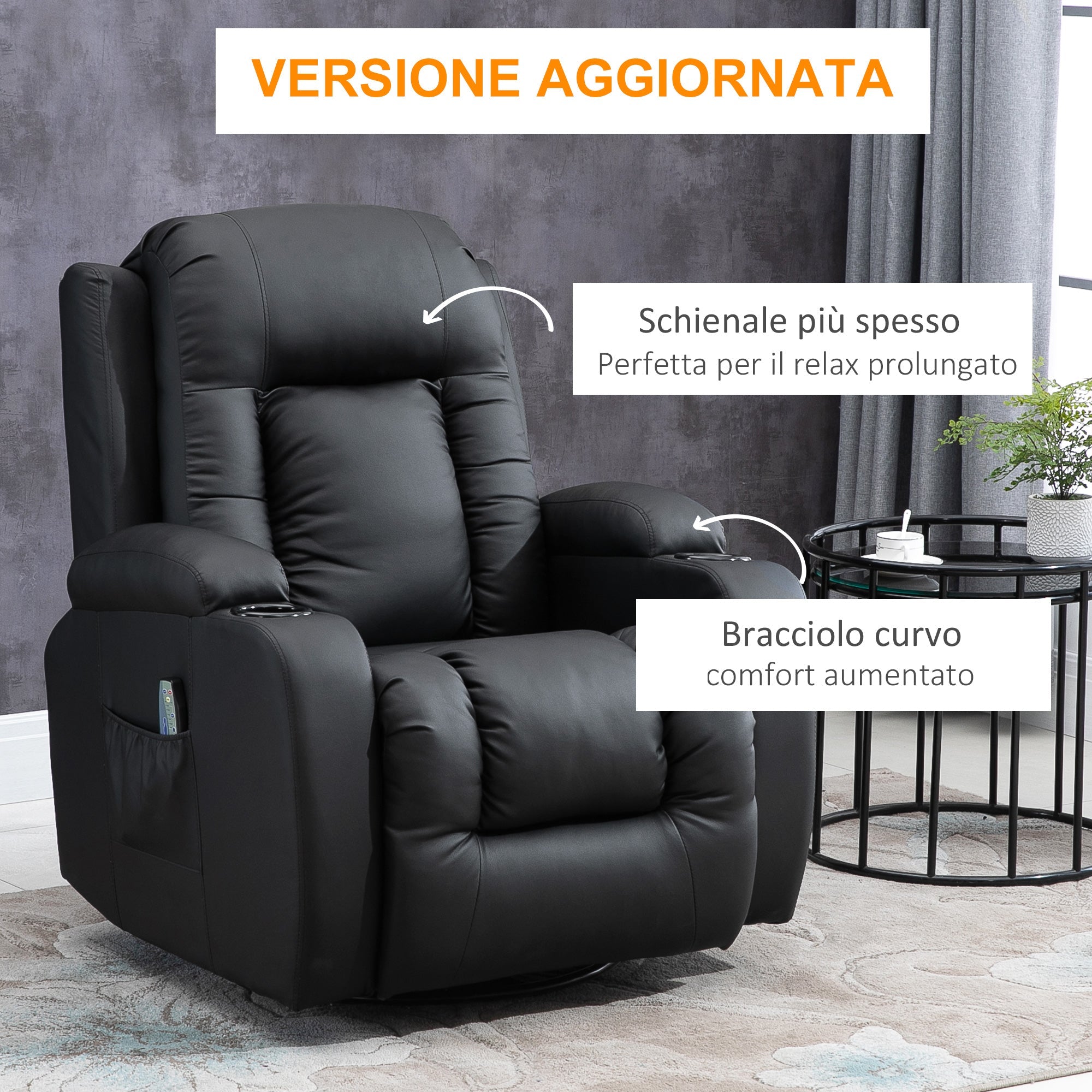 Poltrona Relax Elettrica Massaggiante e Riscaldata 1 Motore 85x94x104 cm in Similpelle Nera