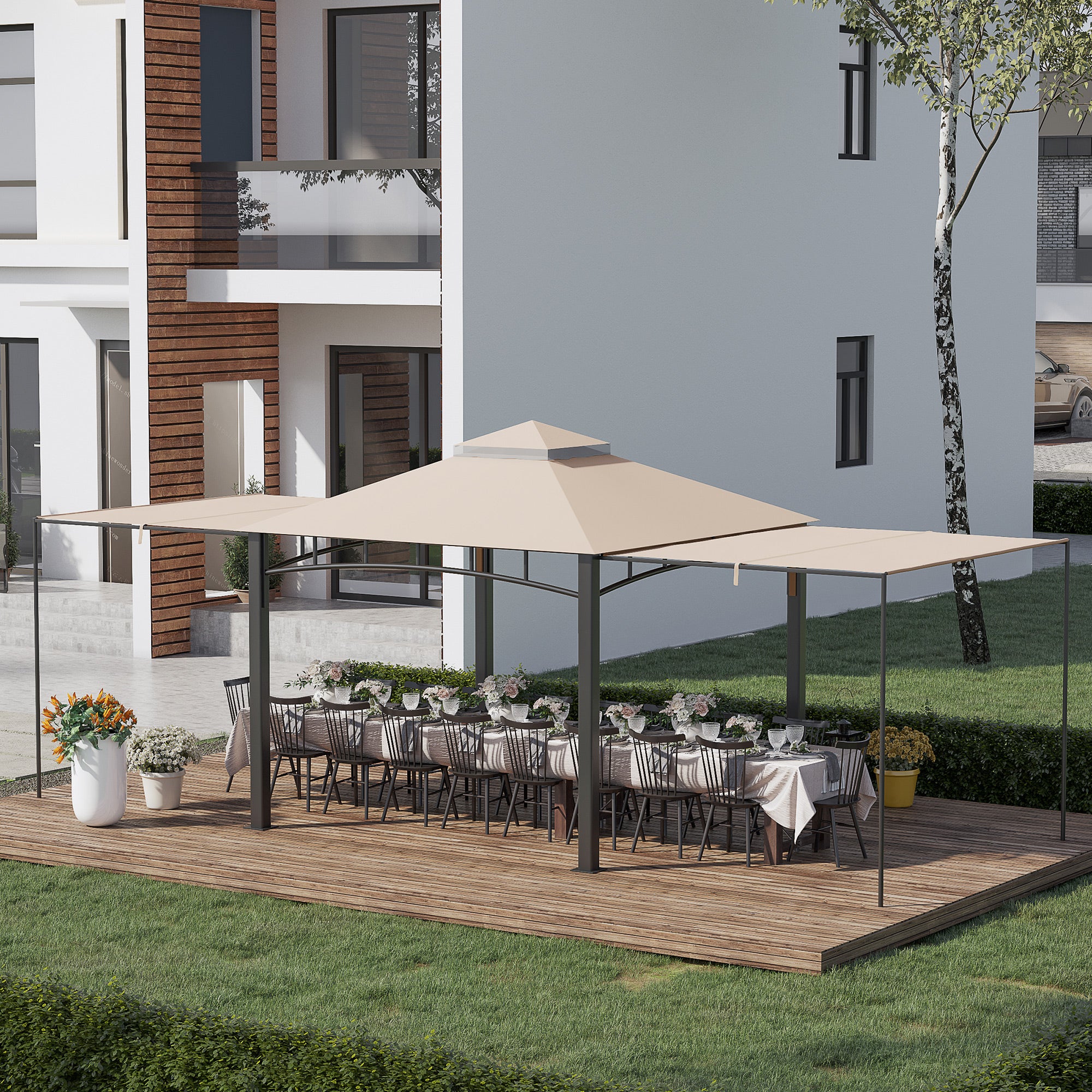 Gazebo da Giardino 3x3m con Tenda Parasole Laterale Cachi