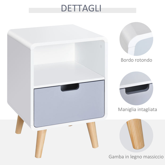 Comodino 1 Cassetto 1 Ripiano 40x38x58 cm in Legno  Bianco e Grigio