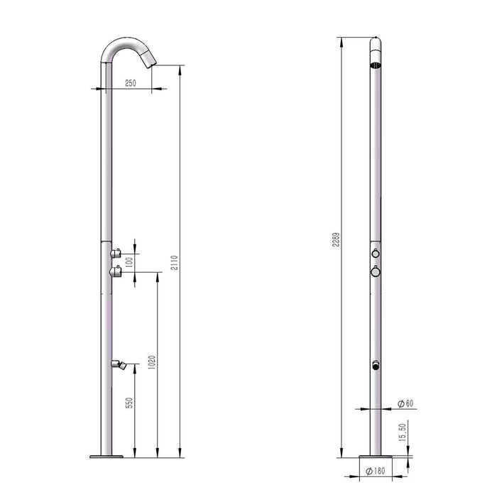 Sined Quartu Doccia Per Esterni In Acciaio 316l Soffione e Lavapiedi h 2289 Cm Inox Bianco Opaco