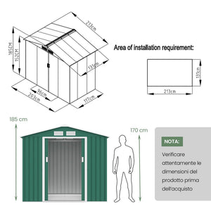 Casetta da giardino in acciaio con ante scorrevoli verde 213x127x185 cm