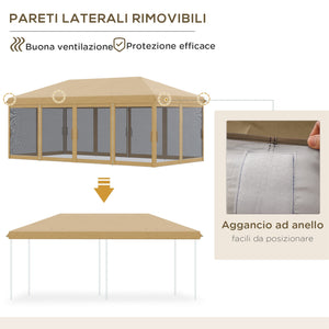 Gazebo da Giardino 6x3m Pieghevole con Zanzariera Altezza Regolabile e Borsa di Trasporto Beige