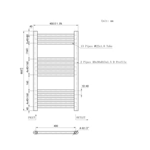 Scaldasalviette Termoarredo Bagno in Acciaio al Carbonio 800x450mm Radiatore Termoarredo Idraulico Bianco