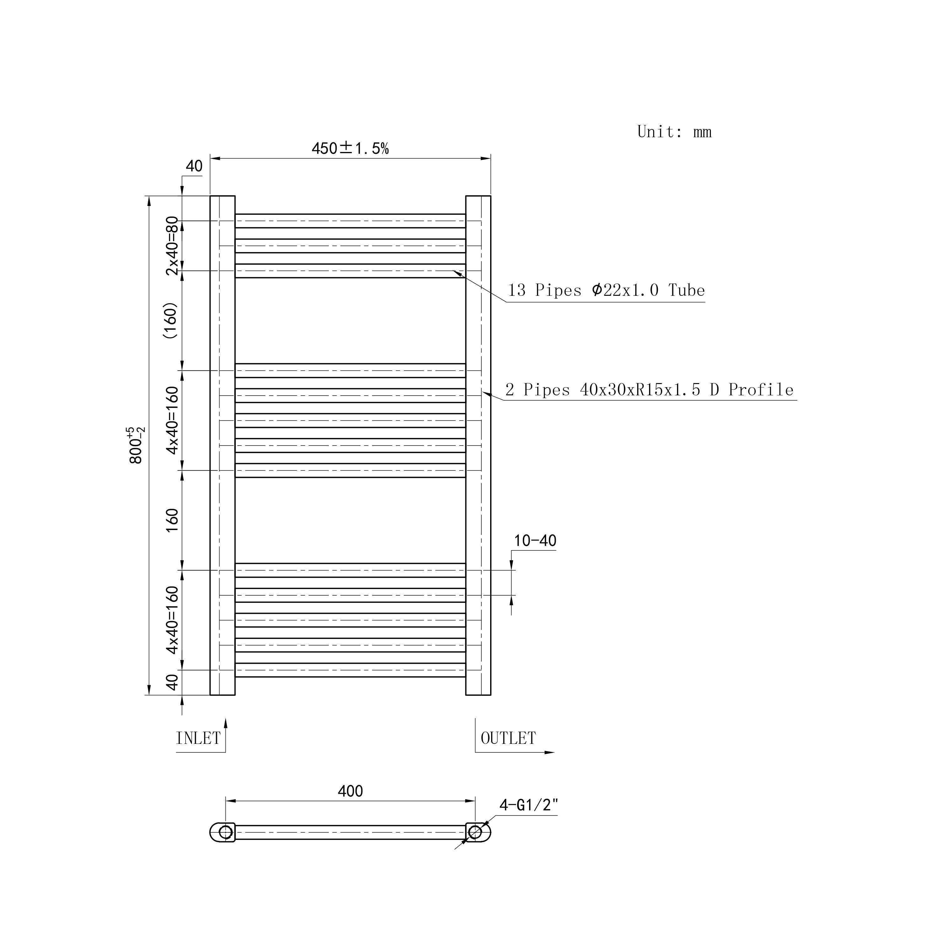 Scaldasalviette Termoarredo Bagno in Acciaio al Carbonio 800x450mm Radiatore Termoarredo Idraulico Bianco