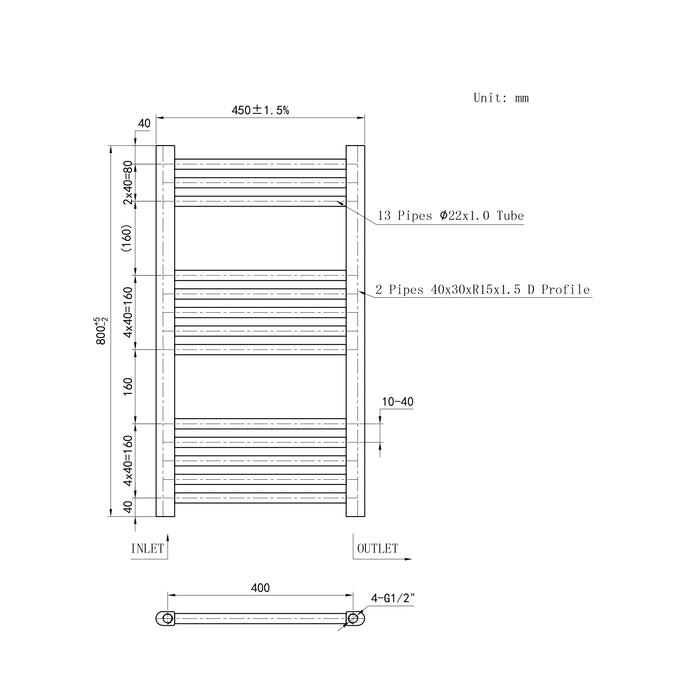 Scaldasalviette Termoarredo Bagno in Acciaio al Carbonio 800x450mm Radiatore Termoarredo Idraulico Bianco