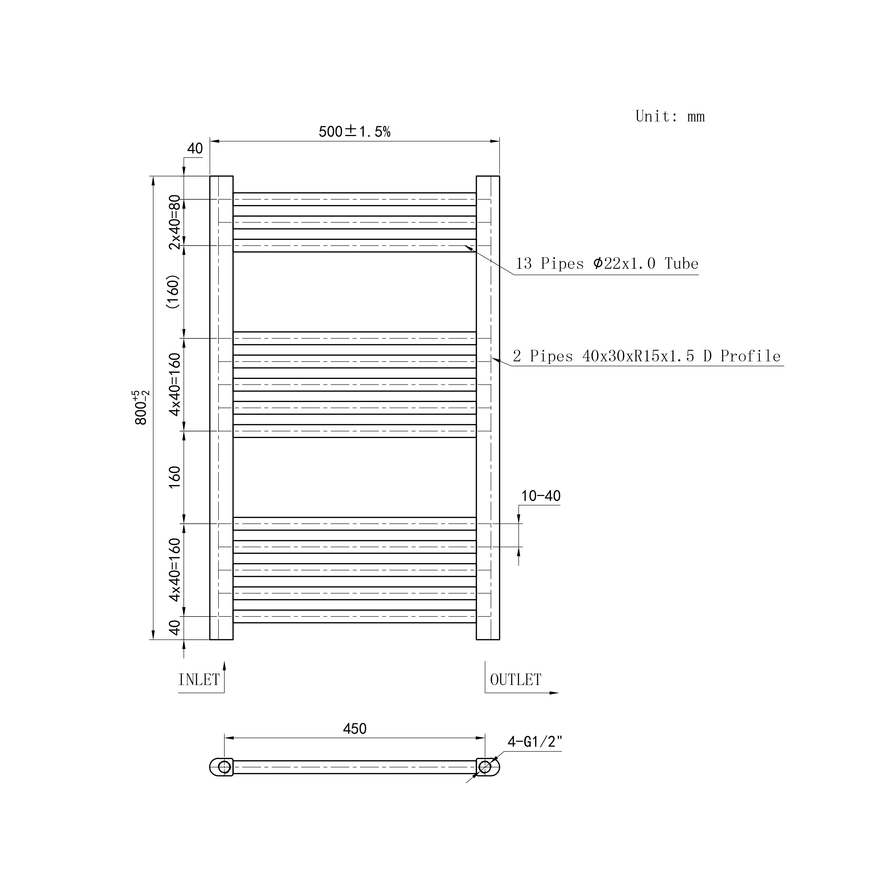 Scaldasalviette Termoarredo Bagno in Acciaio al Carbonio 800x500mm Radiatore Termoarredo Idraulico Bianco