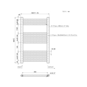 Scaldasalviette Termoarredo Bagno in Acciaio al Carbonio 800x500mm Radiatore Termoarredo Idraulico Bianco