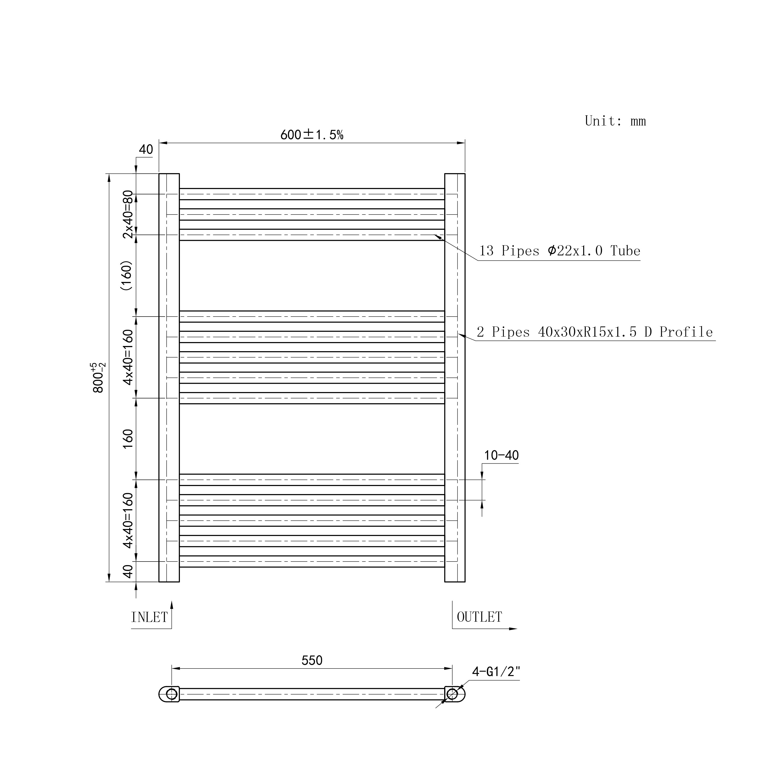 Scaldasalviette Termoarredo Bagno in Acciaio al Carbonio 800x600mm Radiatore Termoarredo Idraulico Antracitico