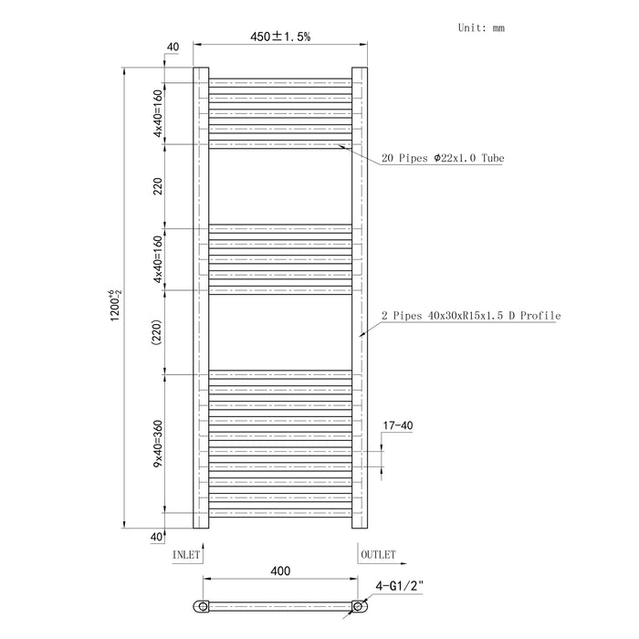 Termoarredo Bagno in Acciaio al Carbonio Calorifero Riscaldamento ad Acqua Antracite 1200x450 mm