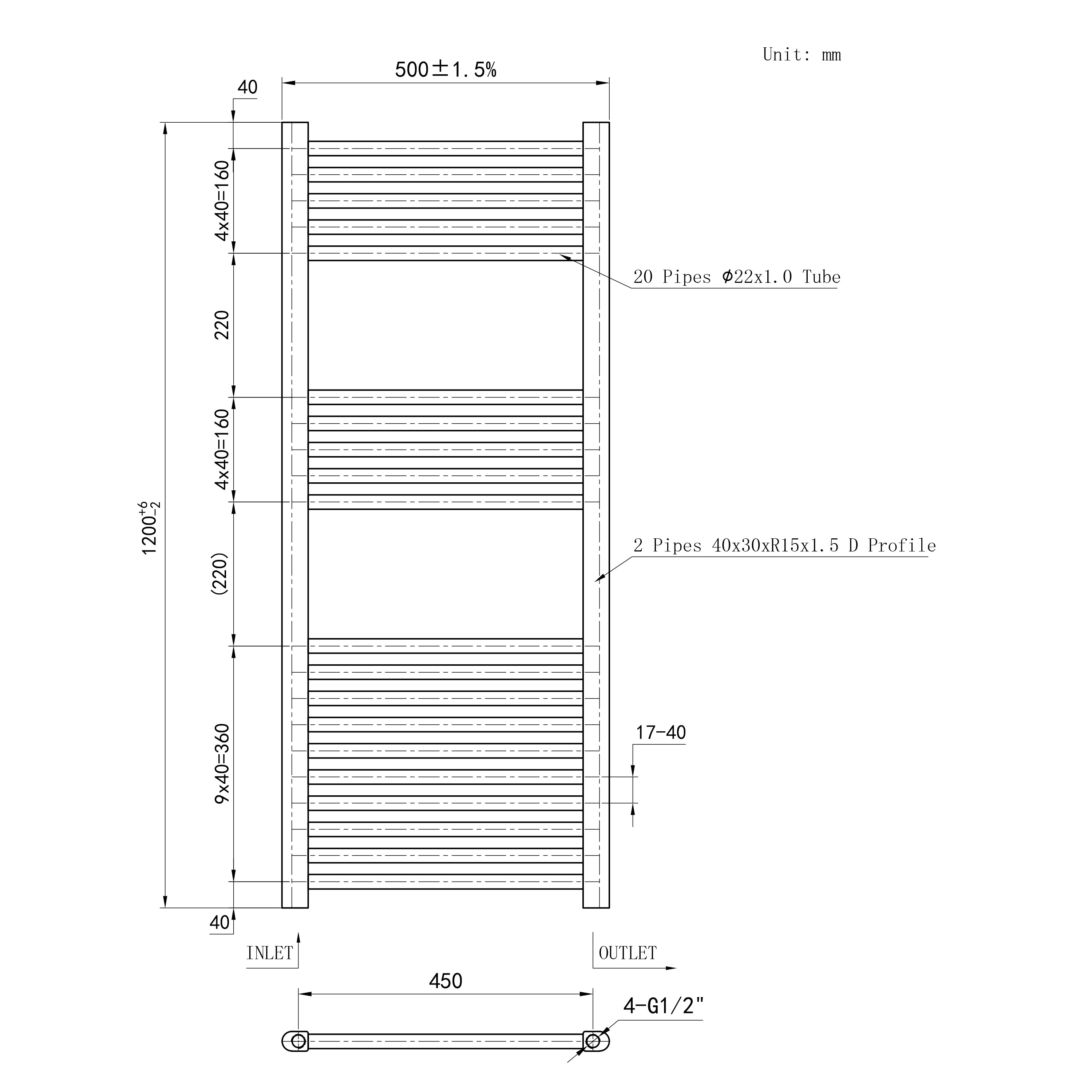 Termoarredo Bagno in Acciaio al Carbonio Calorifero Riscaldamento ad Acqua Bianco 1200x500 mm